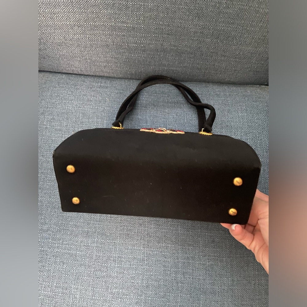 Vintage 2 Pieces Black Suede Leather Top Handle Handbag Gold Hardware Bee Accent - Picture 6 of 16